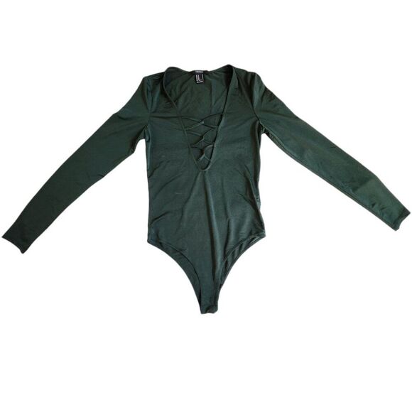 Forever 21 dark green deep plunge caged neckline thin semi sheer bodysuit sz M - Picture 1 of 11